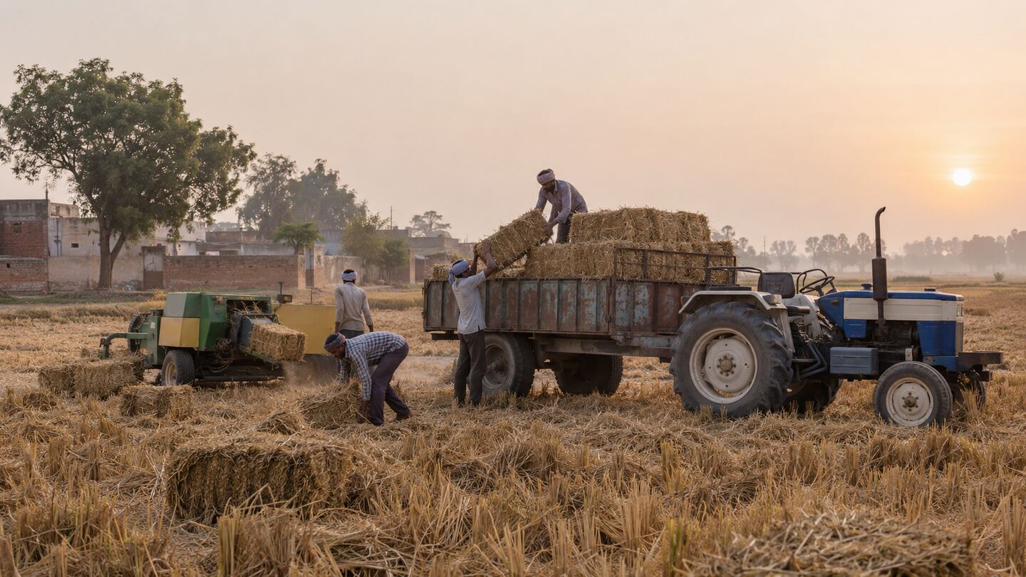 Farm workers loading paddy-straw bales onto a tractor-trolley in a harvested field at the edge of a Haryana village, with a square baler parked nearby at sunset