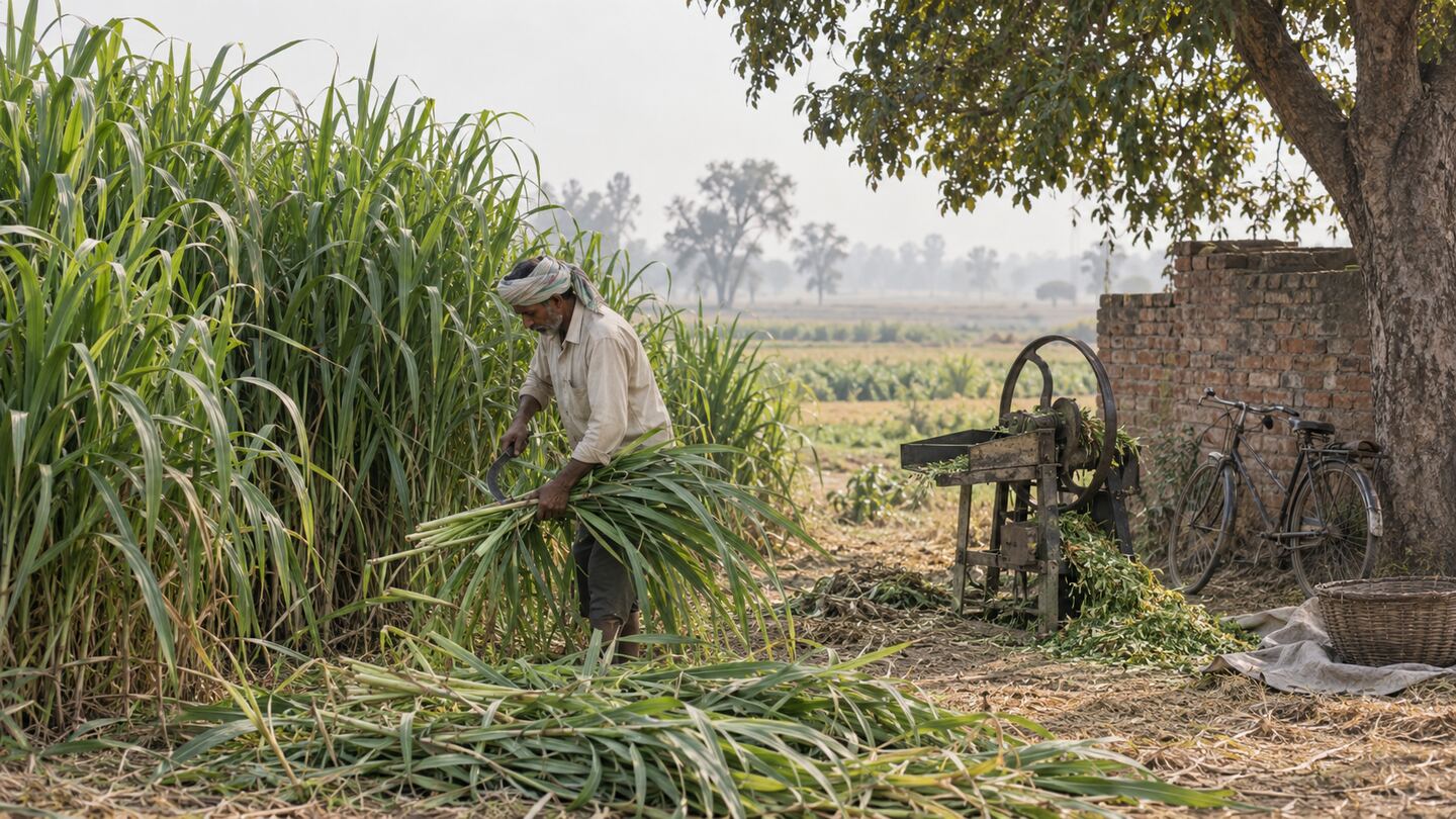 A farmer cutting Napier grass with a sickle beside a dense stand of tall stems, with a hand-operated chaff cutter, a bicycle and a brick wall under a tree nearby