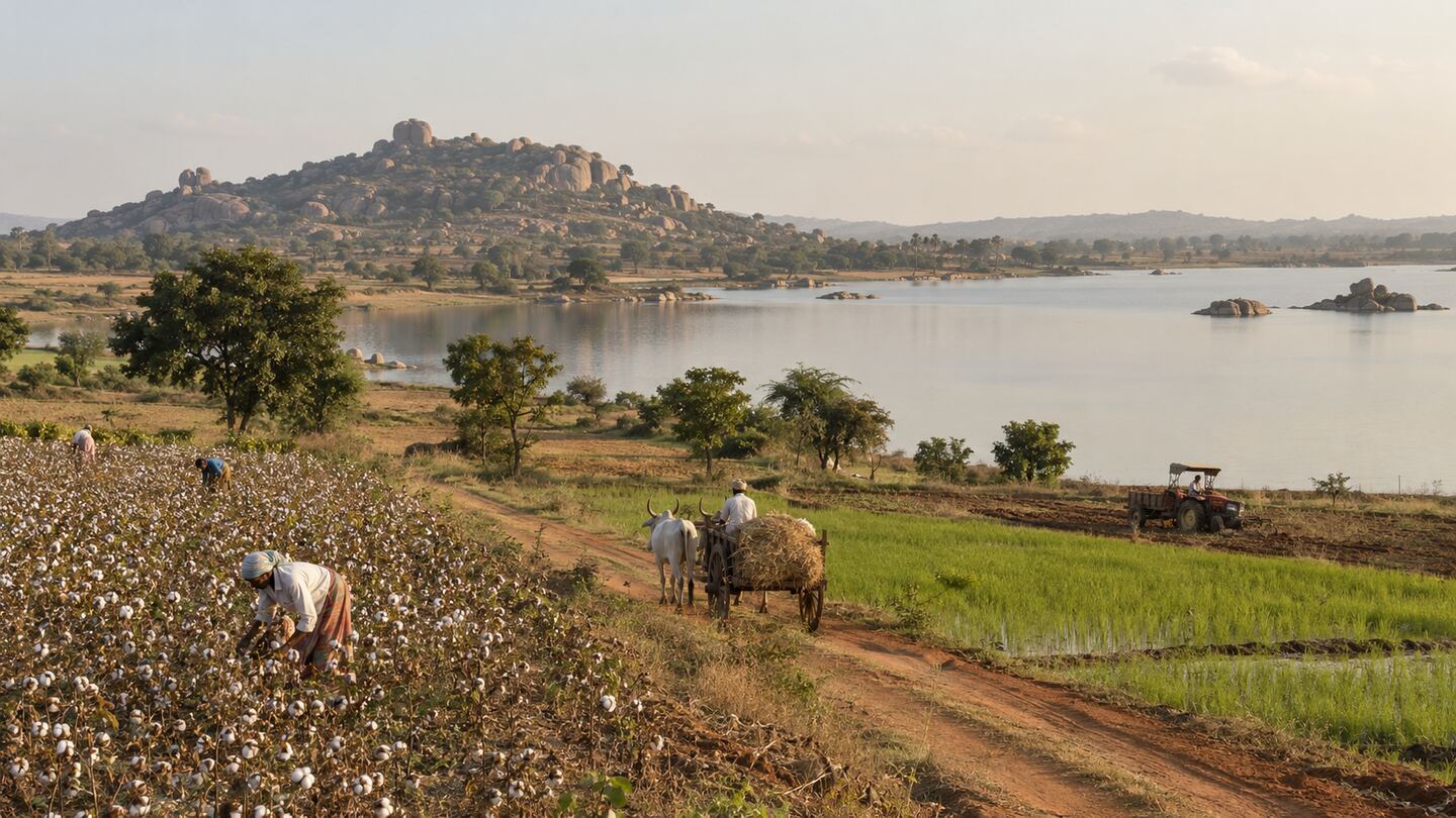Rural Telangana landscape with an irrigation tank, a granite-boulder hill, cotton and paddy fields, red-soil track and a bullock cart at sunset