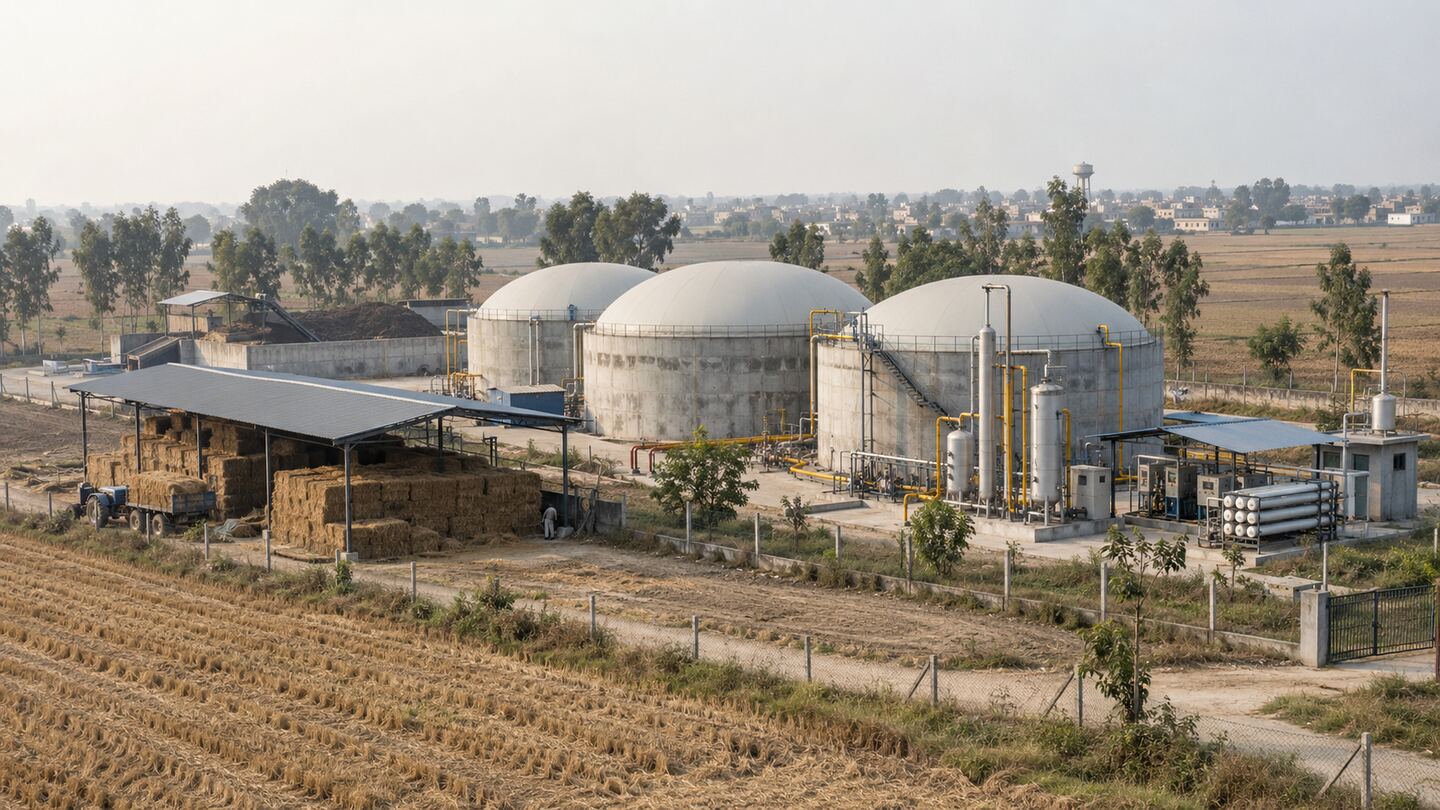 A rural Bio-CNG plant in north India: three domed digester tanks, gas upgrading columns with yellow pipework, a compressor skid and gas cylinder cascade, and a covered straw bale store beside harvested fields